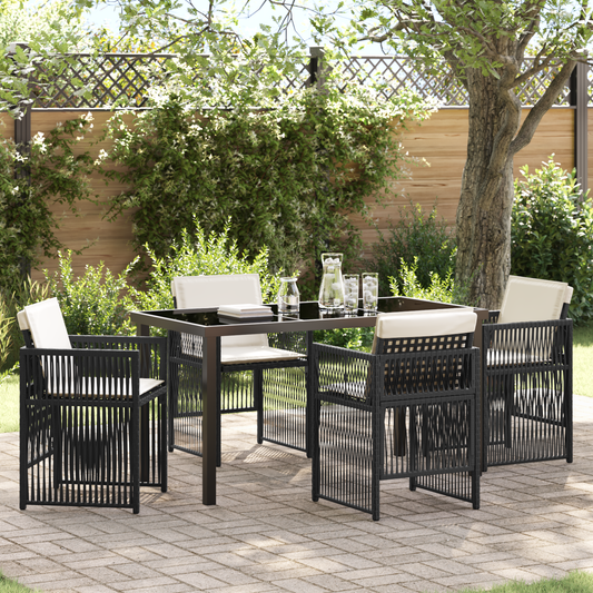 5 Piece Garden Dining Set with Cushions Black Poly Rattan