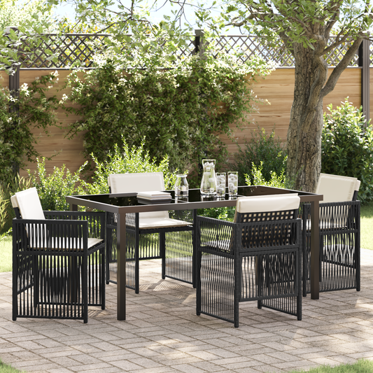 5 Piece Garden Dining Set with Cushions Black Poly Rattan
