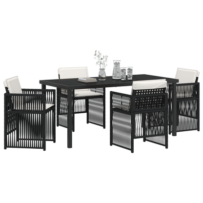 5 Piece Garden Dining Set with Cushions Black Poly Rattan