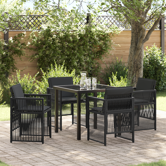 5 Piece Garden Dining Set with Cushions Black Poly Rattan