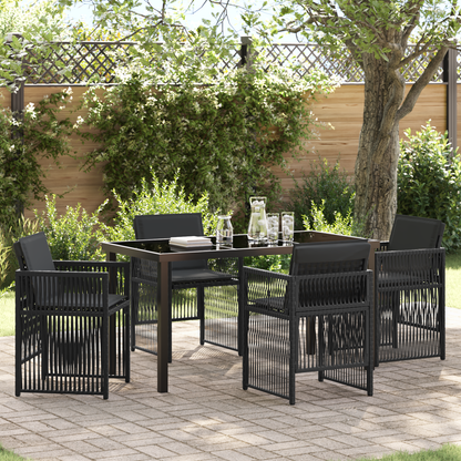 5 Piece Garden Dining Set with Cushions Black Poly Rattan