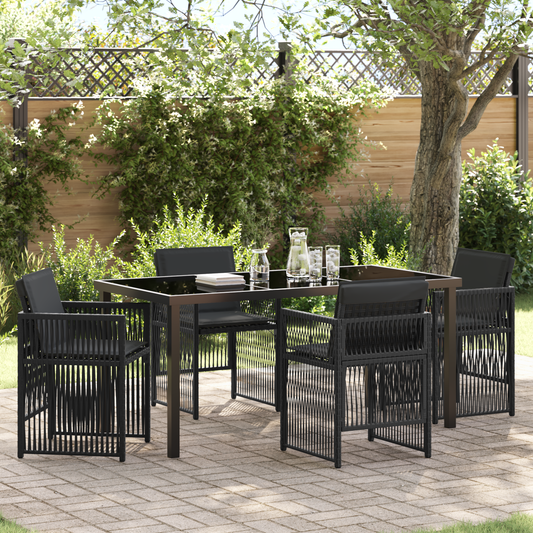 5 Piece Garden Dining Set with Cushions Black Poly Rattan