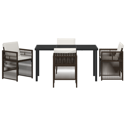 5 Piece Garden Dining Set with Cushions Brown Poly Rattan