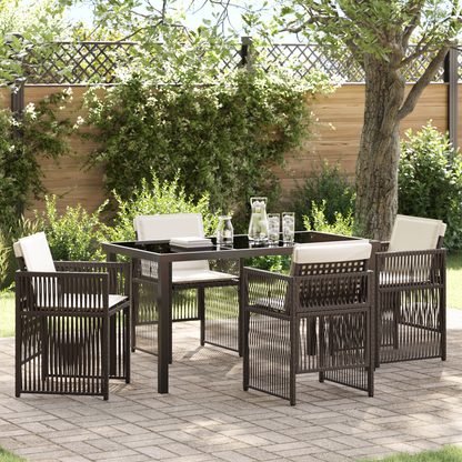 5 Piece Garden Dining Set with Cushions Brown Poly Rattan