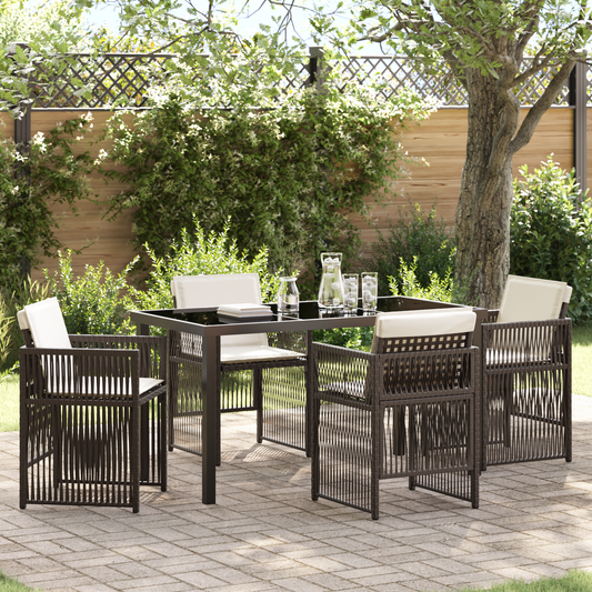 5 Piece Garden Dining Set with Cushions Brown Poly Rattan