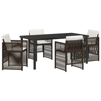 5 Piece Garden Dining Set with Cushions Brown Poly Rattan