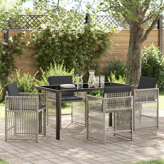 5 Piece Garden Dining Set with Cushions Light Grey Poly Rattan