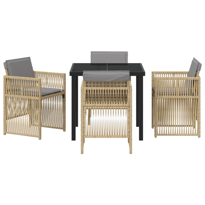 5 Piece Garden Dining Set with Cushions Beige Poly Rattan