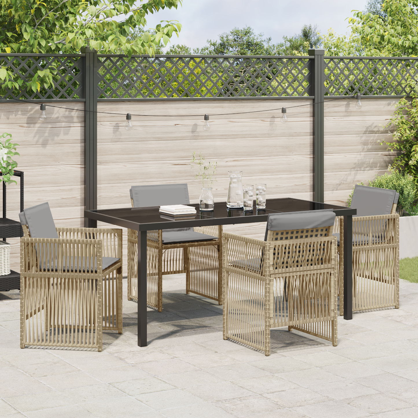 5 Piece Garden Dining Set with Cushions Beige Poly Rattan