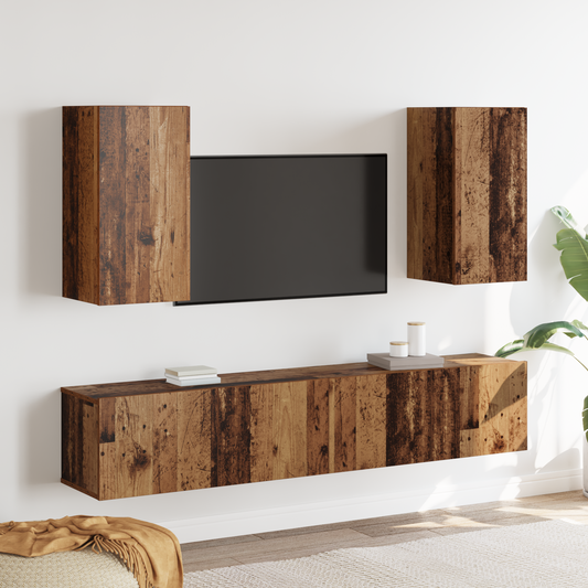 4 Piece TV Cabinet Set Wall-mounted Old Wood Engineered Wood