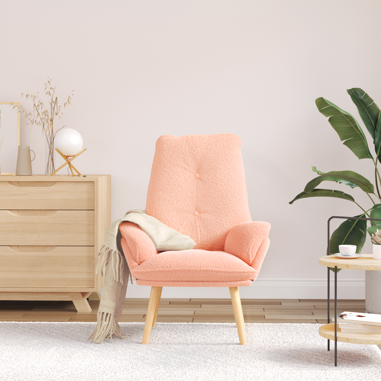 Relaxing Chair Pink Curly Wool-like Fabric