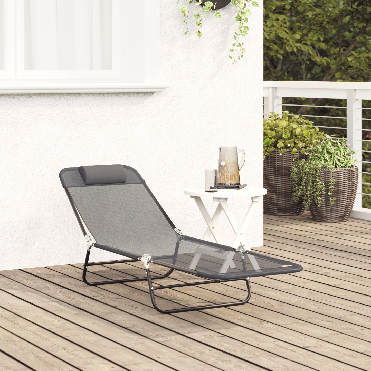 Folding Sun Lounger with Headrest Grey Textilene