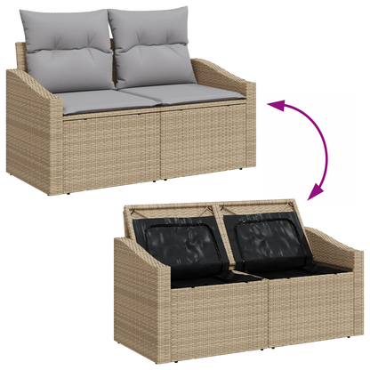 2-Seater Garden Sofa with Storage&Cushions Beige Poly Rattan
