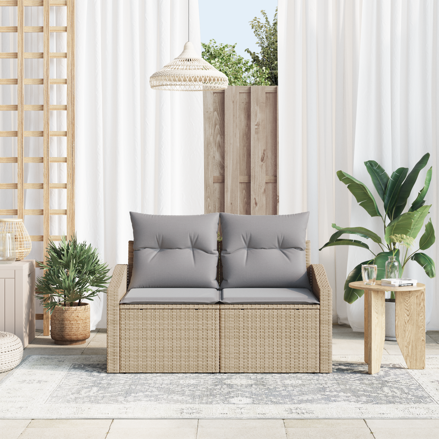 2-Seater Garden Sofa with Storage&Cushions Beige Poly Rattan