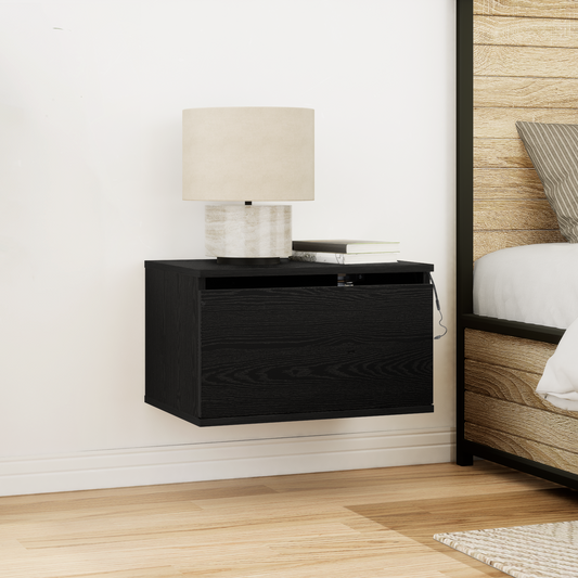Bedside Cabinet with LED Wall-Mounted Black Oak 50x36x30 cm